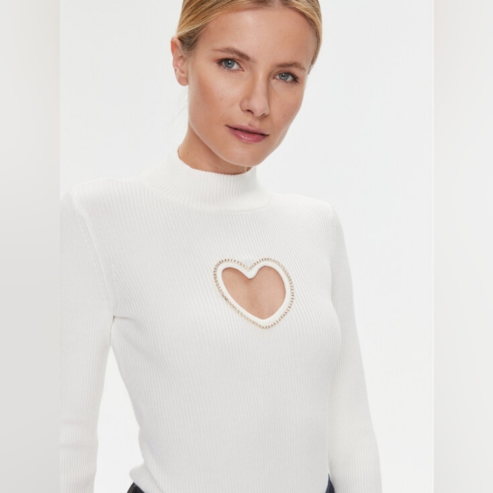 Guess Rhinestone Heart Cutout Ribbed Bodysuit Size M